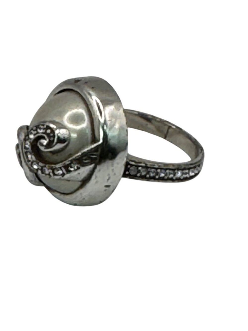 Brighton Silver-Tone Spiral Ring Scroll Faux Pearl & Crystal Accents Size 7 Vtg